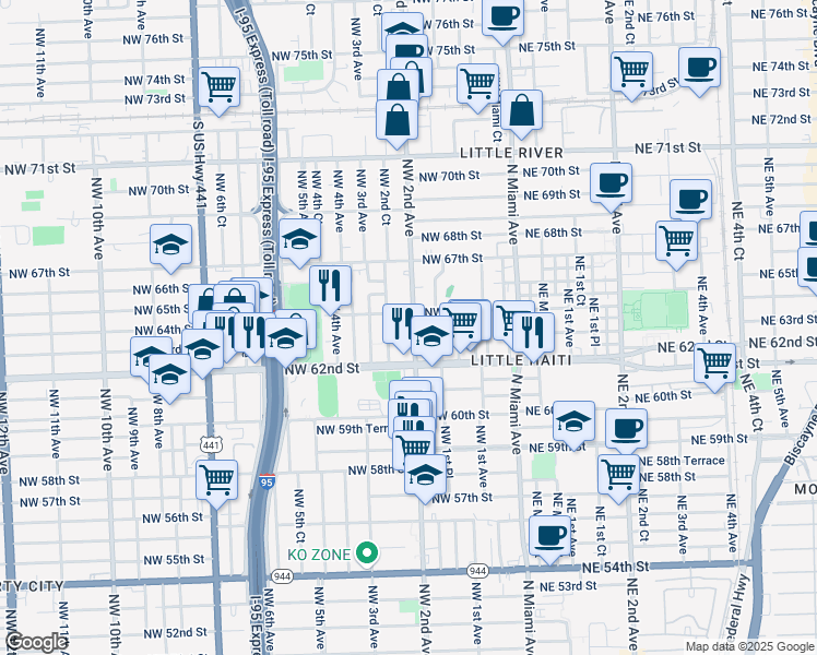 map of restaurants, bars, coffee shops, grocery stores, and more near in Miami