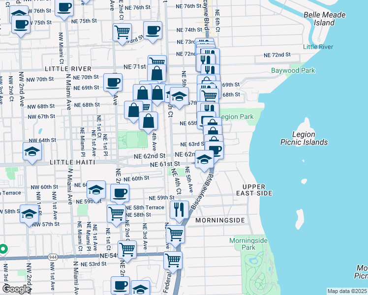 map of restaurants, bars, coffee shops, grocery stores, and more near 425 Northeast 63rd Street in Miami