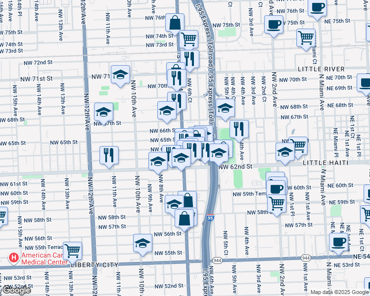 map of restaurants, bars, coffee shops, grocery stores, and more near 645 Northwest 64th Street in Miami