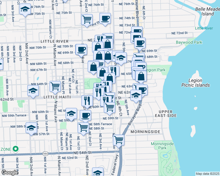 map of restaurants, bars, coffee shops, grocery stores, and more near 6301 Northeast 4th Avenue in Miami