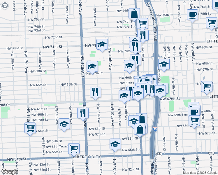 map of restaurants, bars, coffee shops, grocery stores, and more near 943 Northwest 65th Street in Miami