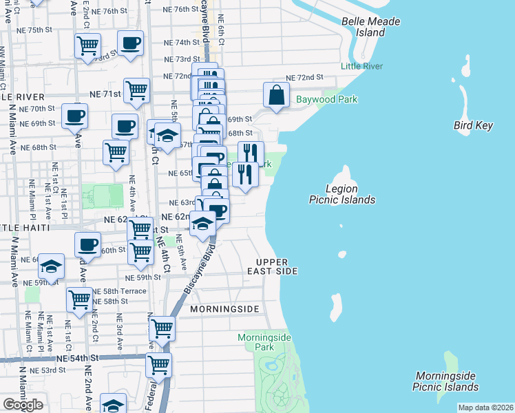 map of restaurants, bars, coffee shops, grocery stores, and more near 750 Northeast 64th Street in Miami