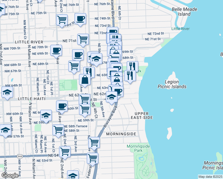 map of restaurants, bars, coffee shops, grocery stores, and more near in Miami