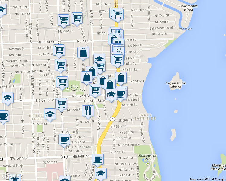 map of restaurants, bars, coffee shops, grocery stores, and more near 541 Northeast 63rd Street in Miami