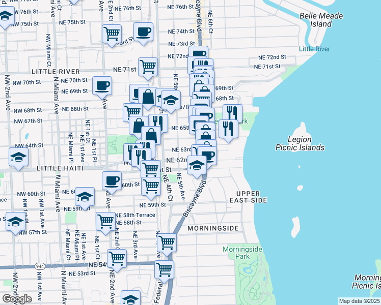 map of restaurants, bars, coffee shops, grocery stores, and more near 541 Northeast 63rd Street in Miami