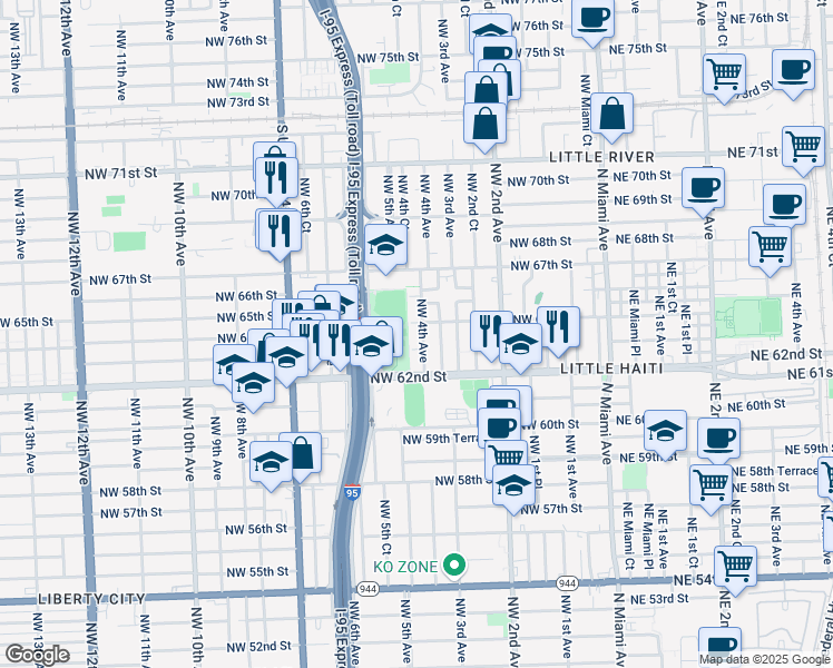 map of restaurants, bars, coffee shops, grocery stores, and more near 6405 Northwest 4th Avenue in Miami