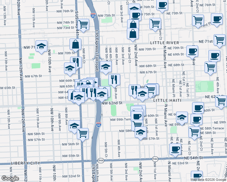 map of restaurants, bars, coffee shops, grocery stores, and more near 6405 Northwest 4th Avenue in Miami