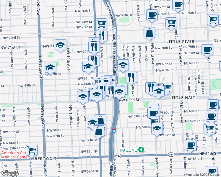 map of restaurants, bars, coffee shops, grocery stores, and more near 585 Northwest 64th Street in Miami