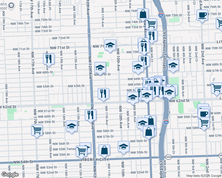 map of restaurants, bars, coffee shops, grocery stores, and more near 1059 Northwest 65th Street in Miami