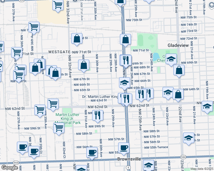 map of restaurants, bars, coffee shops, grocery stores, and more near 2930 Northwest 67th Street in Miami
