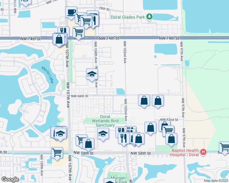 map of restaurants, bars, coffee shops, grocery stores, and more near 6735 Northwest 103rd Avenue in Doral