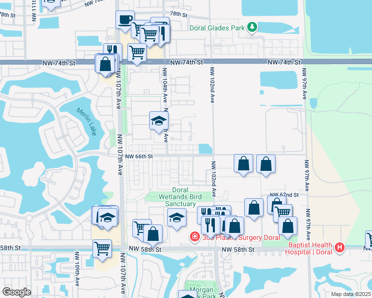 map of restaurants, bars, coffee shops, grocery stores, and more near 6735 Northwest 103rd Avenue in Doral