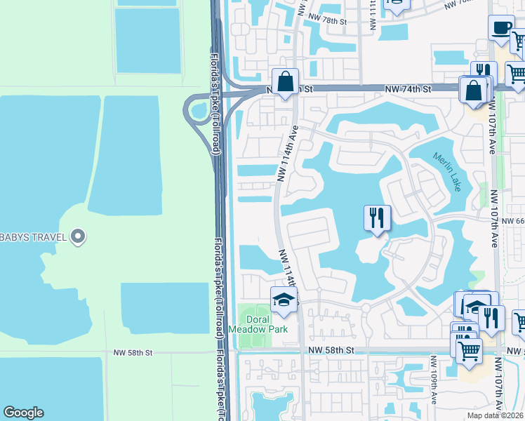 map of restaurants, bars, coffee shops, grocery stores, and more near 11550 Northwest 67th Terrace in Doral