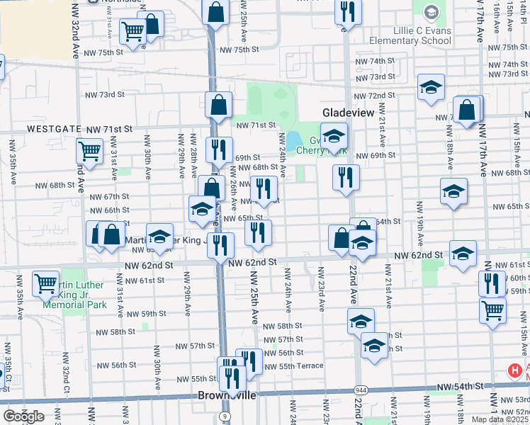 map of restaurants, bars, coffee shops, grocery stores, and more near 2461 Northwest 65th Street in Miami