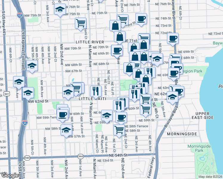 map of restaurants, bars, coffee shops, grocery stores, and more near in Miami