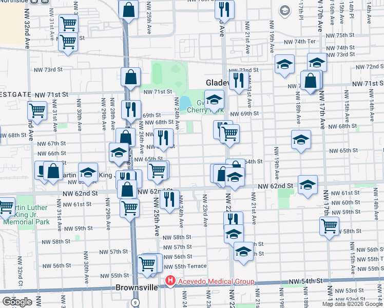 map of restaurants, bars, coffee shops, grocery stores, and more near 2360 Northwest 66th Street in Miami