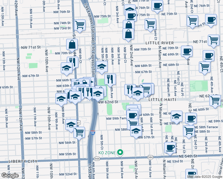 map of restaurants, bars, coffee shops, grocery stores, and more near 6405 Northwest 4th Avenue in Miami