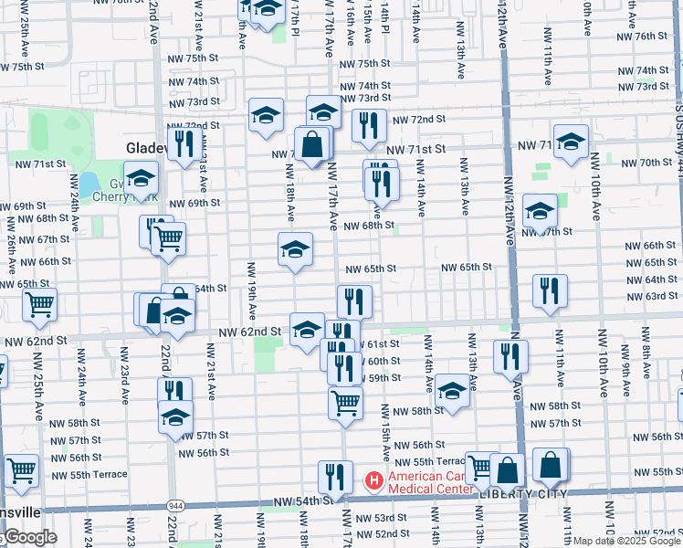 map of restaurants, bars, coffee shops, grocery stores, and more near 1610 Northwest 66th Street in Miami