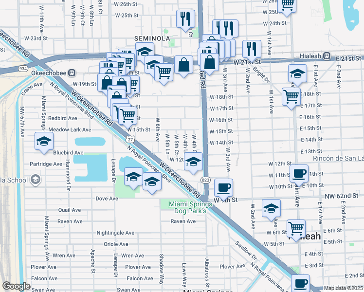 map of restaurants, bars, coffee shops, grocery stores, and more near 1425 West 5th Court in Hialeah