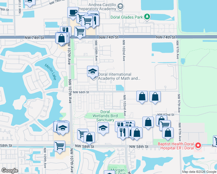 map of restaurants, bars, coffee shops, grocery stores, and more near 6735 Northwest 103rd Avenue in Doral