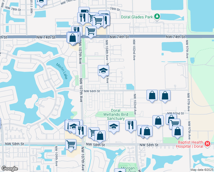 map of restaurants, bars, coffee shops, grocery stores, and more near 10444 NW 67th St in Doral