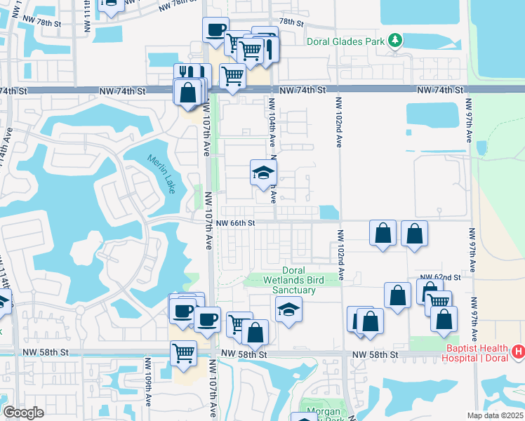 map of restaurants, bars, coffee shops, grocery stores, and more near 10444 NW 67th St in Doral