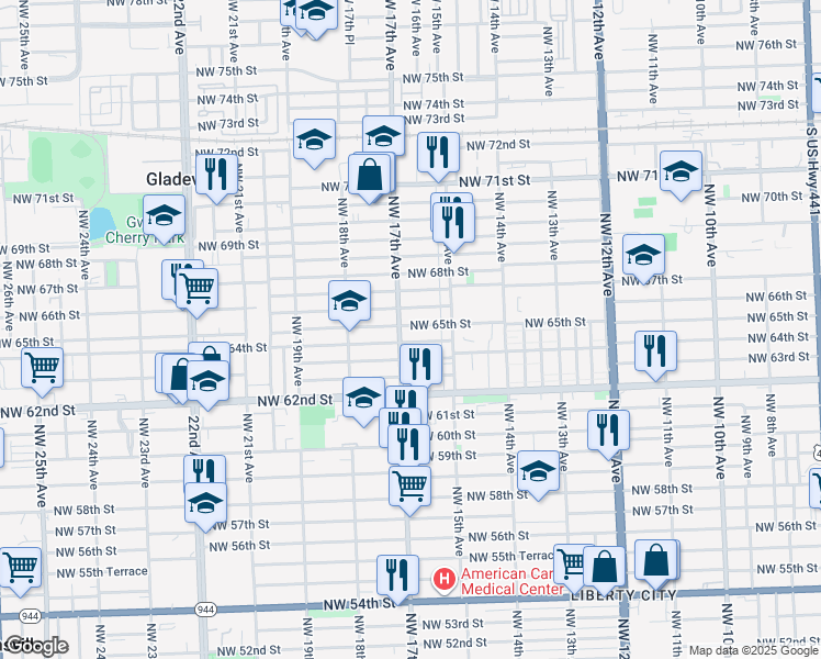 map of restaurants, bars, coffee shops, grocery stores, and more near 1610 Northwest 66th Street in Miami