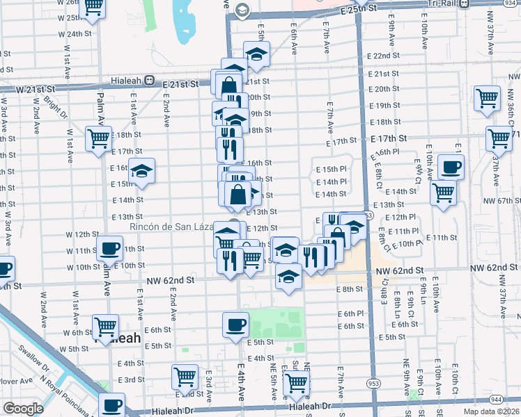 map of restaurants, bars, coffee shops, grocery stores, and more near 464 East 14th Street in Hialeah