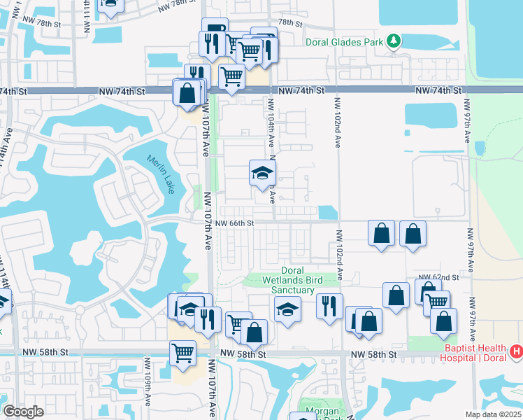 map of restaurants, bars, coffee shops, grocery stores, and more near 10444 NW 67th St in Doral