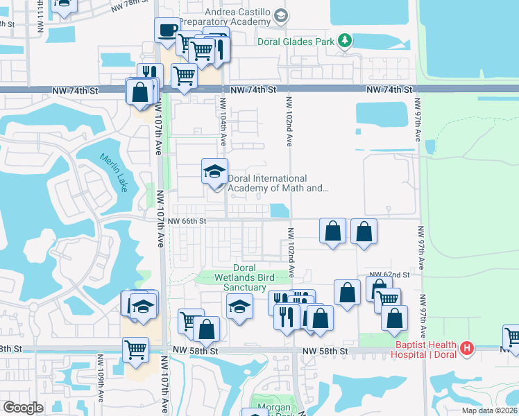 map of restaurants, bars, coffee shops, grocery stores, and more near 6735 Northwest 103rd Avenue in Doral