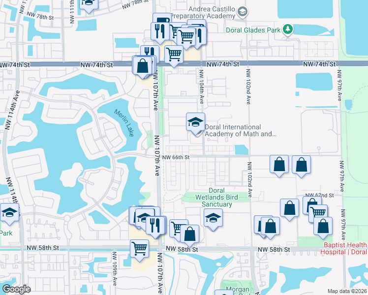 map of restaurants, bars, coffee shops, grocery stores, and more near 10560 Northwest 67th Terrace in Doral