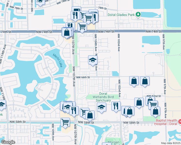map of restaurants, bars, coffee shops, grocery stores, and more near 10444 NW 67th St in Doral