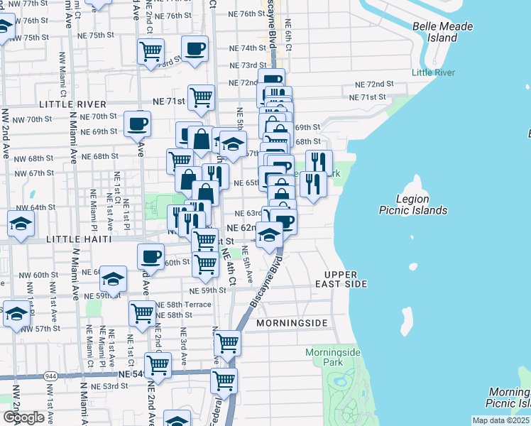 map of restaurants, bars, coffee shops, grocery stores, and more near 541 Northeast 63rd Street in Miami
