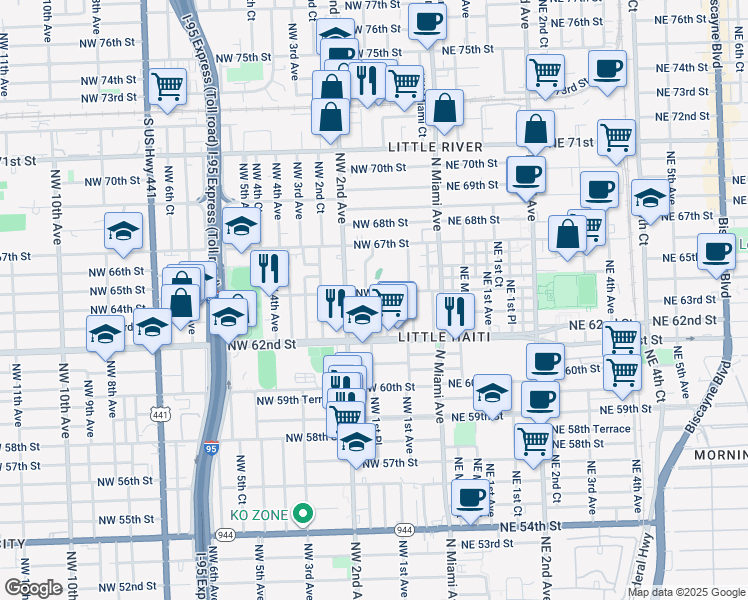 map of restaurants, bars, coffee shops, grocery stores, and more near 145 Northwest 64th Street in Miami