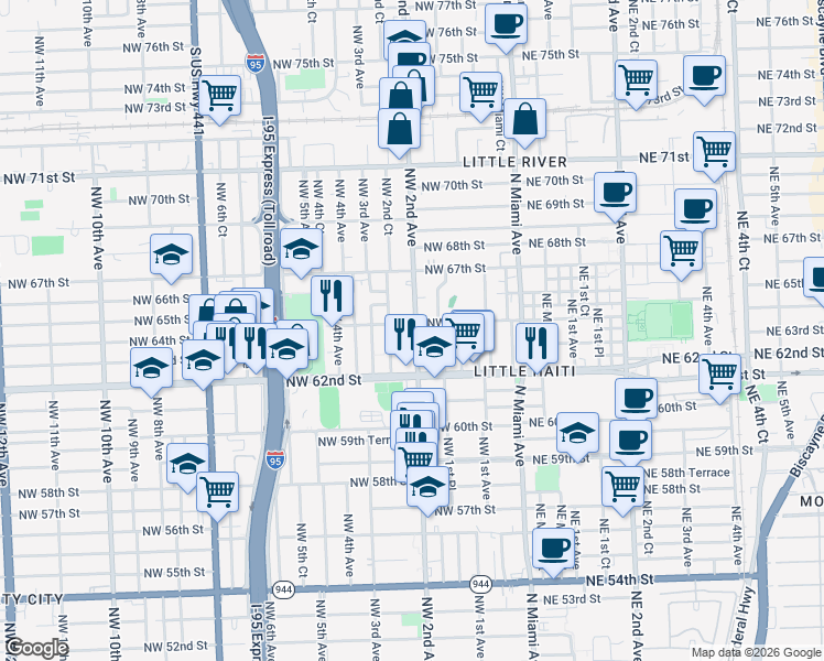 map of restaurants, bars, coffee shops, grocery stores, and more near in Miami
