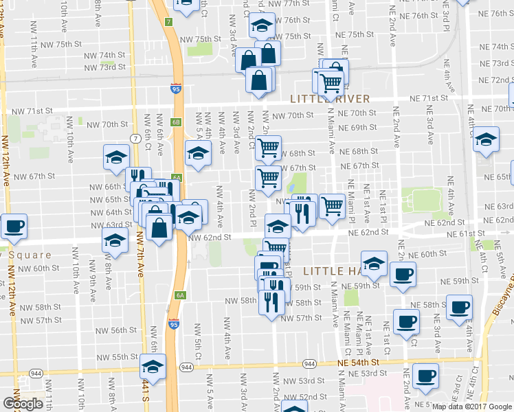 map of restaurants, bars, coffee shops, grocery stores, and more near in Miami
