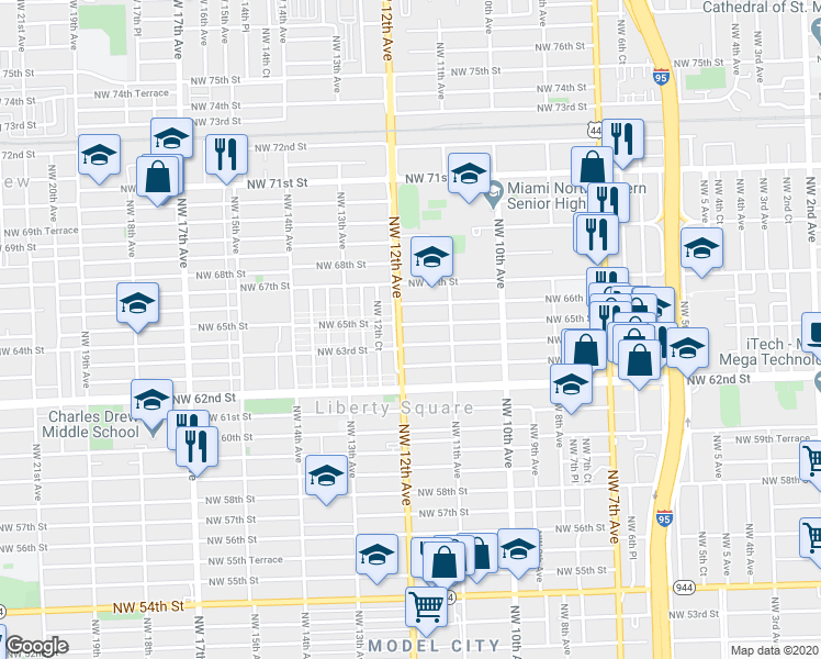 map of restaurants, bars, coffee shops, grocery stores, and more near 1201 Northwest 65th Street in Miami