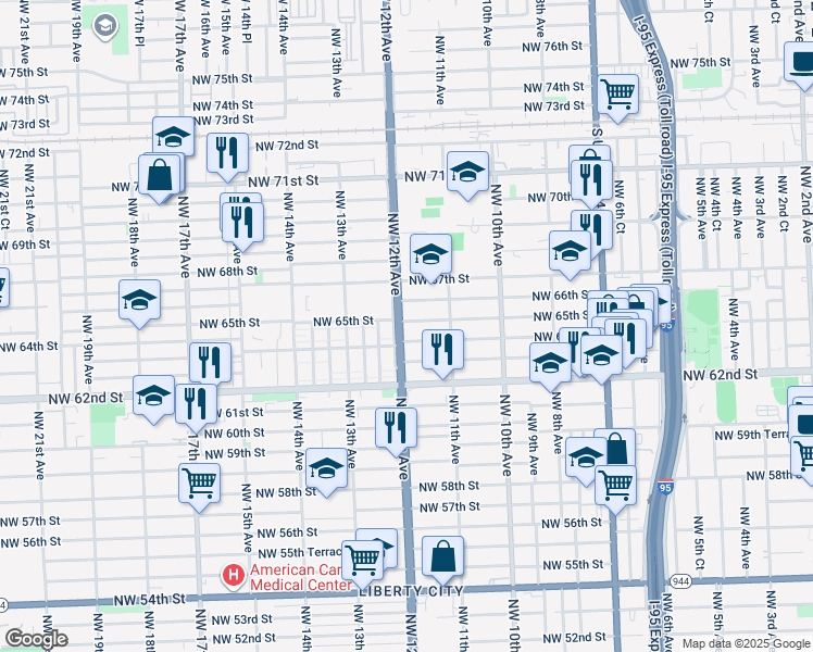map of restaurants, bars, coffee shops, grocery stores, and more near 1201 Northwest 65th Street in Miami