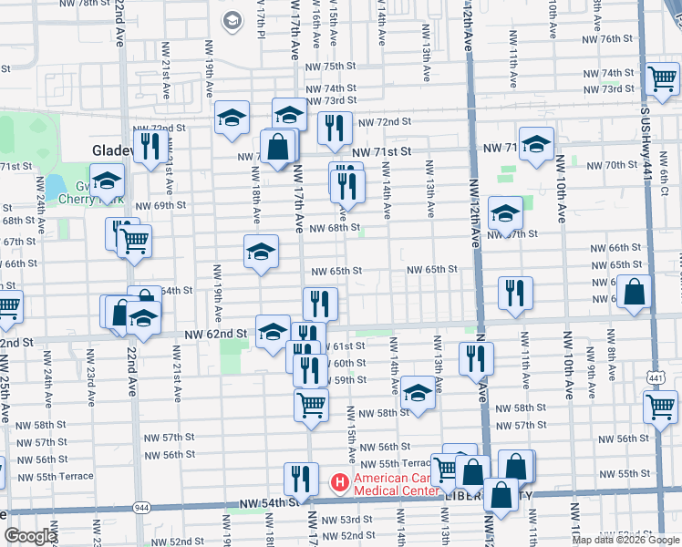 map of restaurants, bars, coffee shops, grocery stores, and more near 6530 Northwest 15th Avenue in Miami