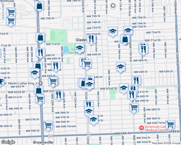 map of restaurants, bars, coffee shops, grocery stores, and more near 6595 Northwest 21st Court in Miami