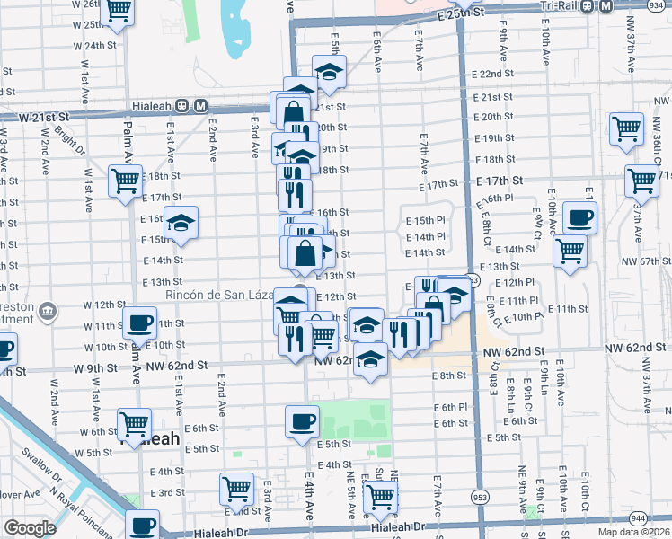 map of restaurants, bars, coffee shops, grocery stores, and more near 464 East 14th Street in Hialeah