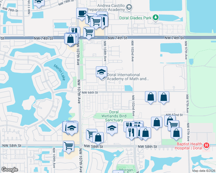 map of restaurants, bars, coffee shops, grocery stores, and more near 10362 Northwest 67th Terrace in Doral