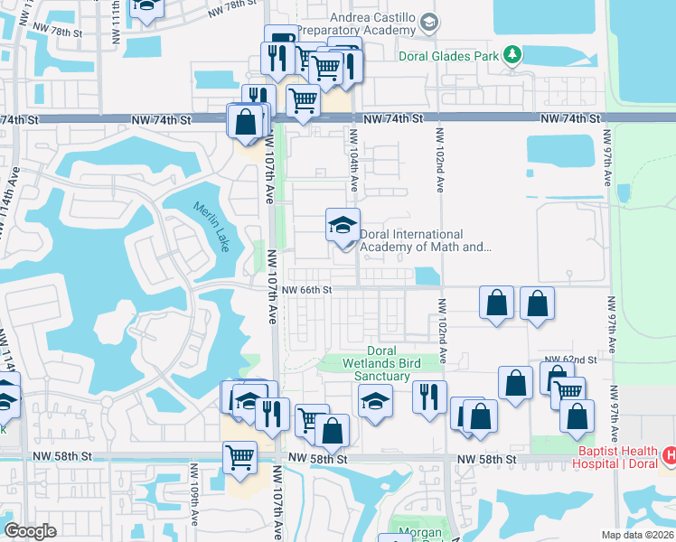 map of restaurants, bars, coffee shops, grocery stores, and more near 10444 NW 67th St in Doral
