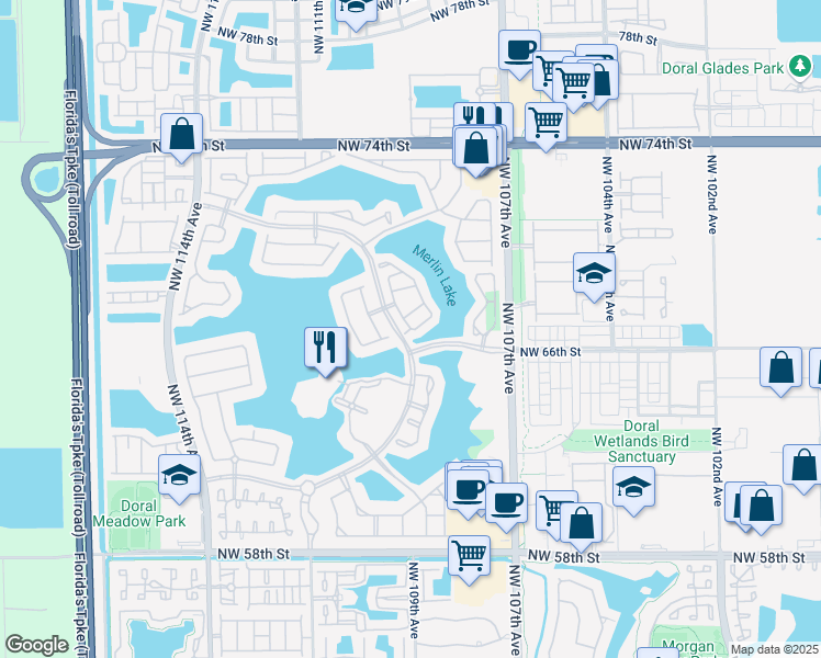 map of restaurants, bars, coffee shops, grocery stores, and more near 10910 Northwest 67th Street in Doral