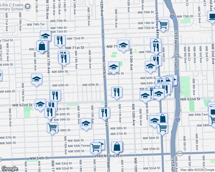 map of restaurants, bars, coffee shops, grocery stores, and more near 1201 Northwest 65th Street in Miami