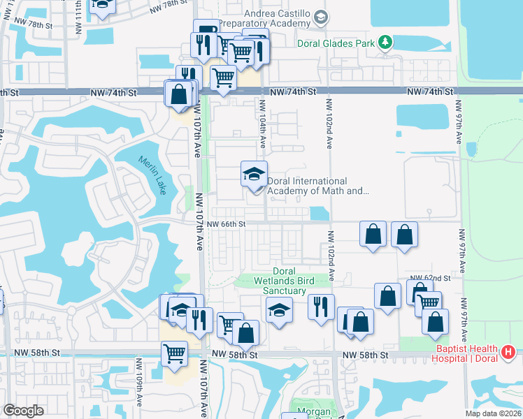 map of restaurants, bars, coffee shops, grocery stores, and more near 10444 NW 67th St in Doral