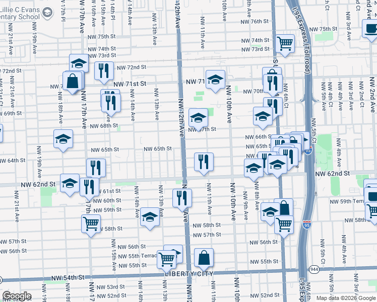 map of restaurants, bars, coffee shops, grocery stores, and more near 1201 Northwest 65th Street in Miami
