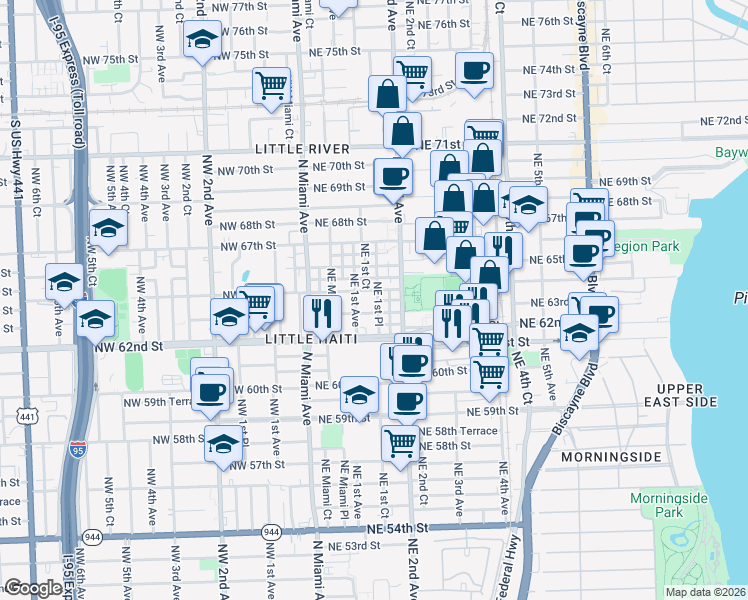 map of restaurants, bars, coffee shops, grocery stores, and more near in Miami