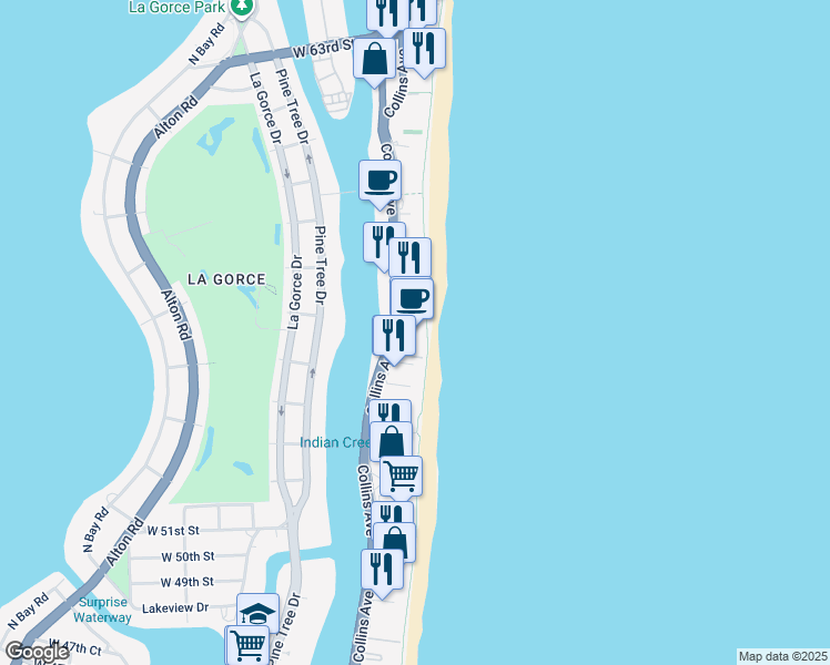 map of restaurants, bars, coffee shops, grocery stores, and more near 3445 Collins Avenue in Miami Beach