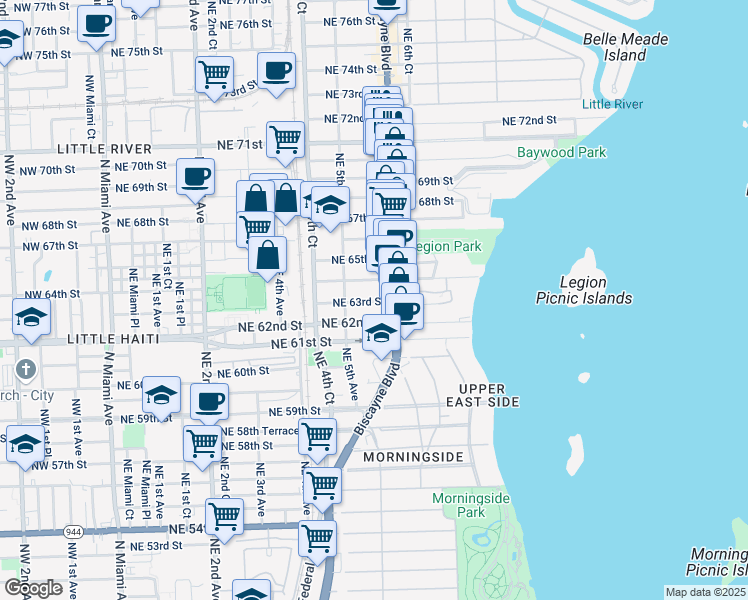 map of restaurants, bars, coffee shops, grocery stores, and more near 541 Northeast 63rd Street in Miami